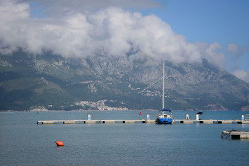 View of the sea and mountains from Budva, a city located on the Adriatic Sea coast in Montenegro, Europe.