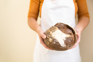 Baker wearing apron, holding loaf of black rye bread. Closeup of person holding food. Baking or traditional food concept