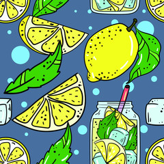Seamless vector pattern with lemon, lemonade and green leaves on blue background. Wallpaper, fabric and textile design. Good for printing. Cute wrapping paper pattern with fruits.