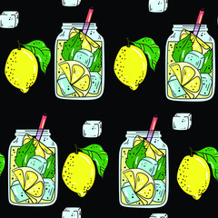 Seamless vector pattern with lemon, lemonade and green leaves on black background. Wallpaper, fabric and textile design. Good for printing. Cute wrapping paper pattern with fruits.