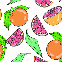 Vector seamless pattern with grapefruit, parts and green leaf on white background. Good for printing. Wallpaper, fabric and textile design. Botanical illustration. Wrapping paper idea.