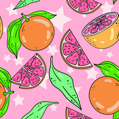 Vector seamless pattern with grapefruit, parts and green leaf on pink background. Good for printing. Wallpaper, fabric and textile design. Botanical illustration. Wrapping paper idea.