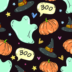 Seamless vector pattern with witch hat, ghost, pumpkin on black background. Wallpaper, fabric and textile design. Cute wrapping paper pattern. Good for printing. Halloween set.