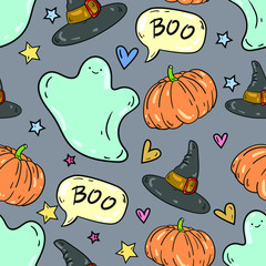 Seamless vector pattern with witch hat, ghost, pumpkin on grey background. Wallpaper, fabric and textile design. Cute wrapping paper pattern. Good for printing. Halloween set.