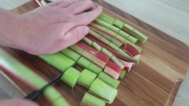 Main d'homme coupant de la rhubarbe