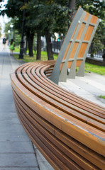A round wooden bench in the park against the background of fir trees. A place to relax in a public...