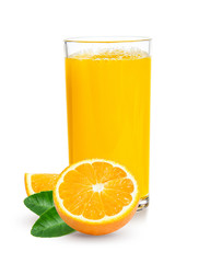 Fresh orange juice in glass or bottle with fruits, isolated on white