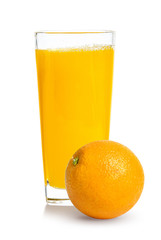 Fresh orange juice in glass or bottle with fruits, isolated on white