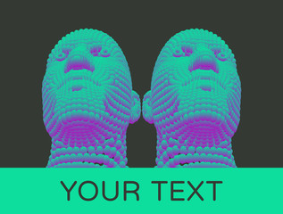 Two man. Abstract digital human head. Futuristic background. Vector Illustration for advertising, marketing or presentation.