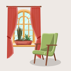 Retro armchair apartment interior window long curtains and plants