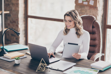 Portrait of her she nice attractive cheerful wavy-haired girl financier recruiter searching cv...