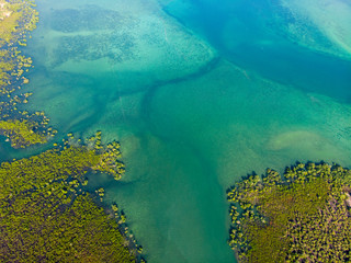 Aerial view of the water coast line at East Pemba island Near to Mkangale in Zanzibar Archipelago,...