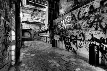 Black and white corridor in an abandoned building
