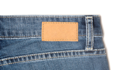 Label price tag mockup on blue jeans from recycled paper.