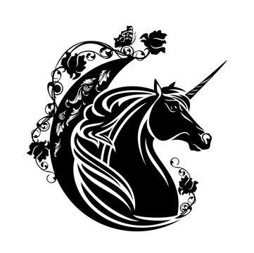 fairy tale unicorn horse with crescent moon, butterfly and rose flowers - sweet dreams concept black and white vector design