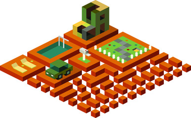 Isometric house and yard. Orange color ground. Cool style outdoor design. 