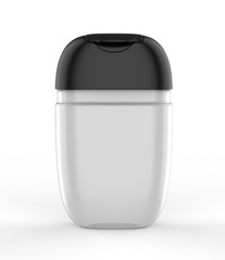 Blank promotional pocket hand sanitizer plastic bottle for branding, 3d render illustration.