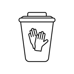 Medical waste container for nitrile gloves. Special box for disinfection or utilization of disposable protective equipment. Line art illustration of trash can with lid. Rubbish bin contour vector icon
