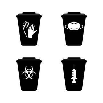 Silhouette Set Of Medical Waste Containers. Special Box For Disinfection Or Utilization Of Disposable Gloves, Face Mask, Syringe, Biohazard. Outline Emblem Of Trash Can With Lid. Isolated Vector Icon