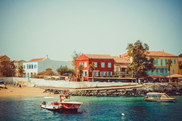 the island gore from which slaves were exported from Africa, turquoise water and yellow sand photographed from the air