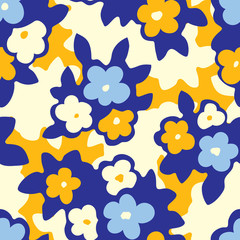 Hand Drawn Artistic Naive Daisy Flowers on Yellow Background Vector Seamless Pattern. Colorful Blue and Cream Blob Blooms, Blotched Floral Print. Expressive Large Scale Simplistic Retro Fashion Design