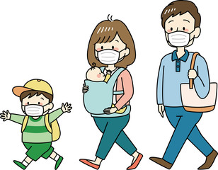 マスクをつけて外出する家族