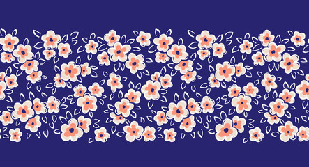 Hand Drawn Artistic Naive Daisy Flowers on Blue Background Vector Seamless Pattern Border. Blob Blooms, Blotched Floral Print. Expressive Outlines, Organic Large Scale Simplistic Retro Fashion Design