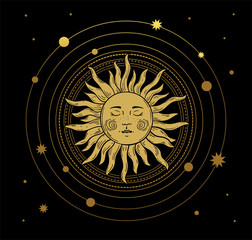 Vector illustration in vintage mystical style, boho design, tattoo, tarot. The device of the universe with a golden sun, moon, planets and orbits against the background of black space