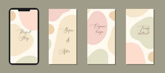 Beautiful feminine set of vertical social media post templates with minimal abstract organic shapes composition in trendy contemporary collage style