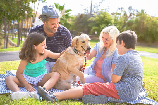 Family playing with the dog. beautiful day in the park. Happy family doing picnic in the nature outdoor. Focus the dog - Image
