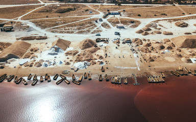 pink lake retba in the suburbs of Dakar photographed from a drone in Africa salt mining