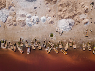 pink lake retba in the suburbs of Dakar photographed from a drone in Africa salt mining