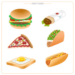 Western-style fast food such as hamburger, pizza, taco, hot dog, burrito and egg toast are delicious and fast. unhealthy eating. 