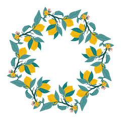 Lemon wreath or border. Tropical summer fruit isolated on a white background. Citrus in hand drawn style. Scandinavian nordic design for fashion or interior or cover or textile or background.