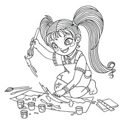 Coloring page for children and adults. A little girl paints her masterpiece in fun. Vector outline illustration for coloring book. Line art on white background.