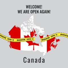 Concept of ending the quarantine,  coronavirus epidemic and Opening of borders in Canada. Victory over COVID-19. National flag of Canada in form of map. Yellow stripes, torn ribbons. 