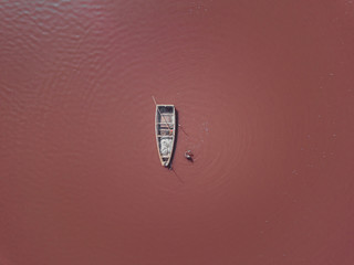 pink lake retba in the suburbs of Dakar photographed from a drone in Africa salt mining
