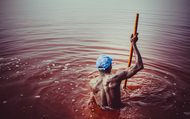 pink lake retba in the suburbs of Dakar photographed from a drone in Africa salt mining