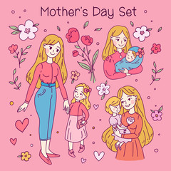 Doodle kawaii style. Cute Set with woman Mother and daughter.