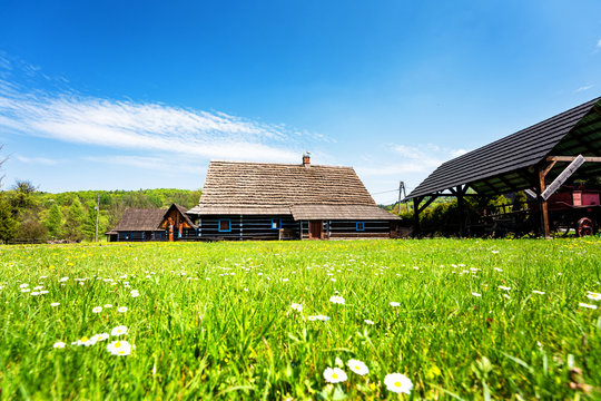 Zyndranowa, Poland - May 10, 202,: Typical Lemko wooden log house in the museum of Lemko Culture, Beskid Niski, Poland