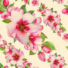 Obraz na płótnie Canvas Watercolor pink blossom flowers isolated on yellow background. Seamless pattern background.
