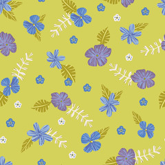 Fototapeta na wymiar Blue and violet blooms seamless vector pattern on bright lime green background. Decorative vibrant floral surface print design. For fabrics, stationery, and packaging.