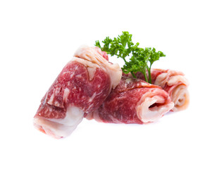 Fresh raw beef meat slices isolated over white background