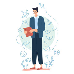 Brunette man with glasses stands on the ground and holds a red tablet with documents. White doodle background with green flowers and office stuff. Vector cartoon colored flat illustration