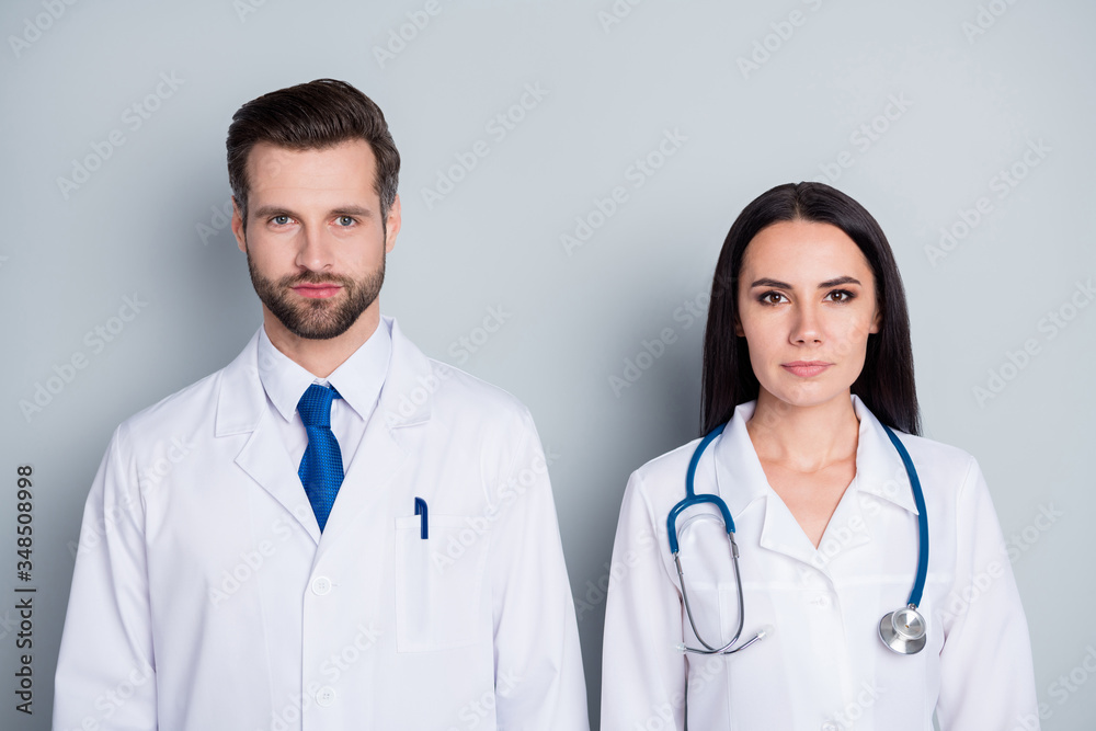 Poster photo of handsome doc practitioner guy professional lady two people patients consultation virology c