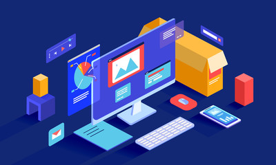 Isometric vector illustration presenting data analysis, management, internet searching and research. 3D cartoon computer with a lot of infographic elements, images and opened windows on screen.