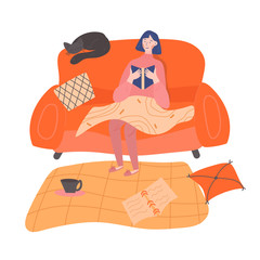 A girl is sitting on a sofa and reading an interesting book holding it in her hands. Warm and cozy atmosphere. Reading hobby concept. Flat vector colored illustration. Room interior design