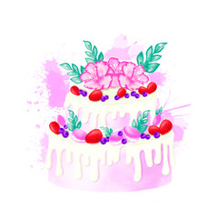 Illustration of a wedding cake decorated with strawberries, blueberries, macarons, flowers and leaves
Bright cake illustration with watercolor splashes and stains, for invitations, website and print