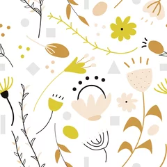 Poster Set of hand drawn abstract doodle decorative vector patterns and elements with colored flowers and grey and yellow geometrical figures. Completed and isolated vector illustration. Wallpapers © AIsR