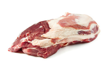 Fresh raw pork neck meat isolated on white background. Pork belly on a white background. Raw pork neck boneless, close-up, isolated.